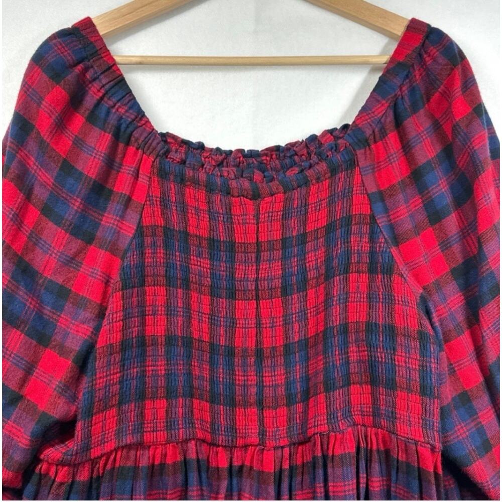 Torrid Red Smocked Babydoll Top Flannel Buffalo Plaid Sz 3 / 3X Puff Sleeve - Picture 8 of 12